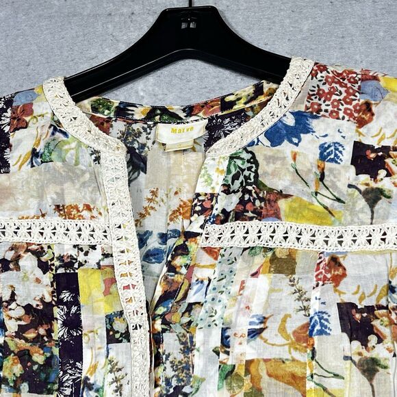 Maeve Anthropologie Blouse 10 Floral Abella Pintuck  Roll Tab Sleeve Crochet - Picture 2 of 12